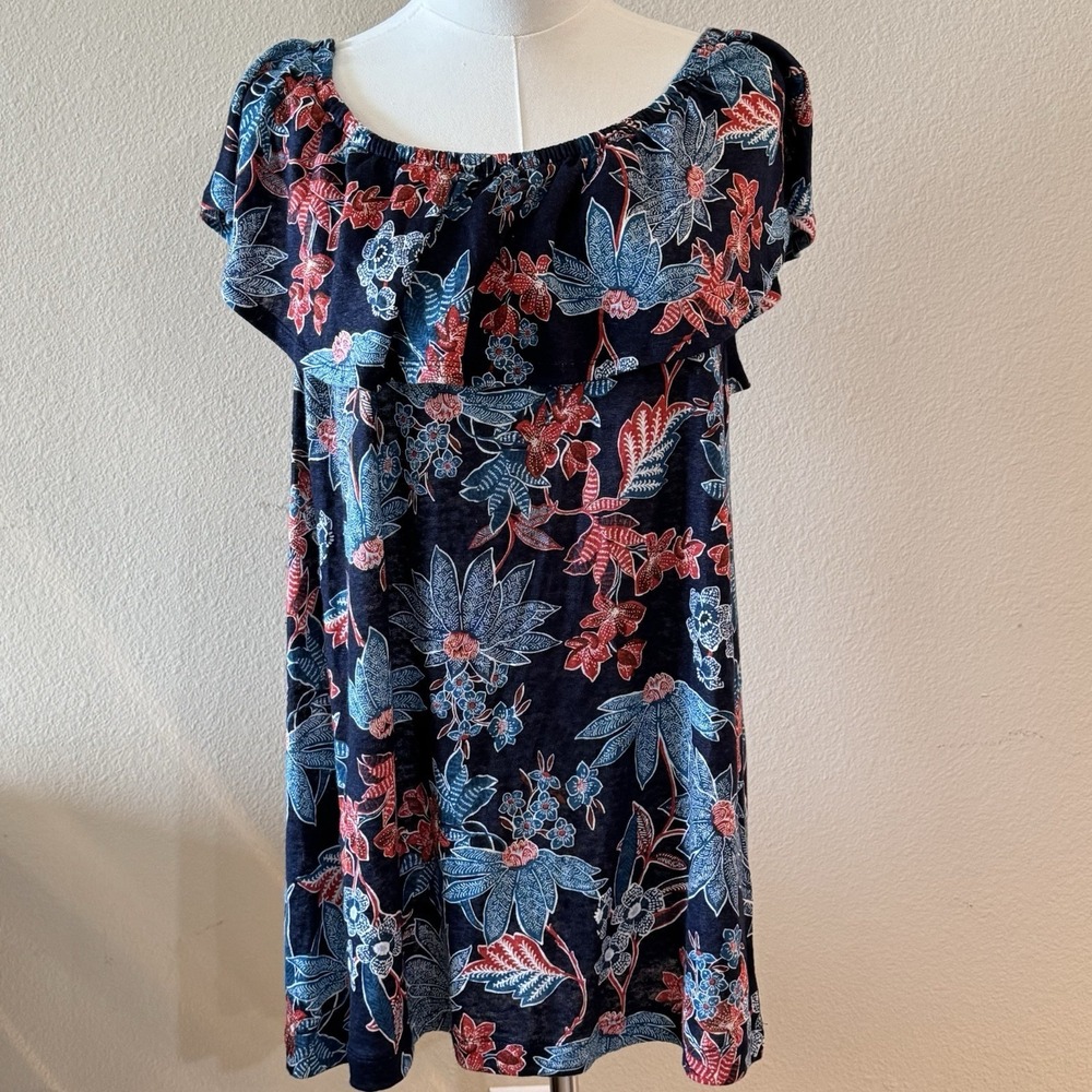 NWT J Jill Love Linen Floral Tunic Top Large Navy Boho Coastal Linen